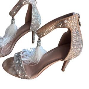 Rhinestone and Feather Heels Nude White Women's 8 Formal Evening Wear